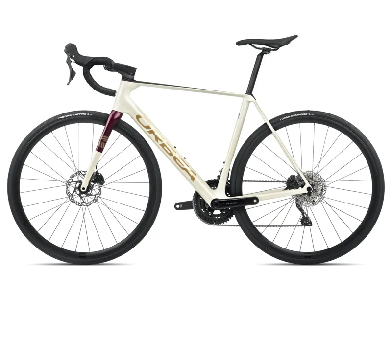 2024 Orbea Orca M30 Carbon Road Bike In Ivory White-Burgundy/Vulcano-1