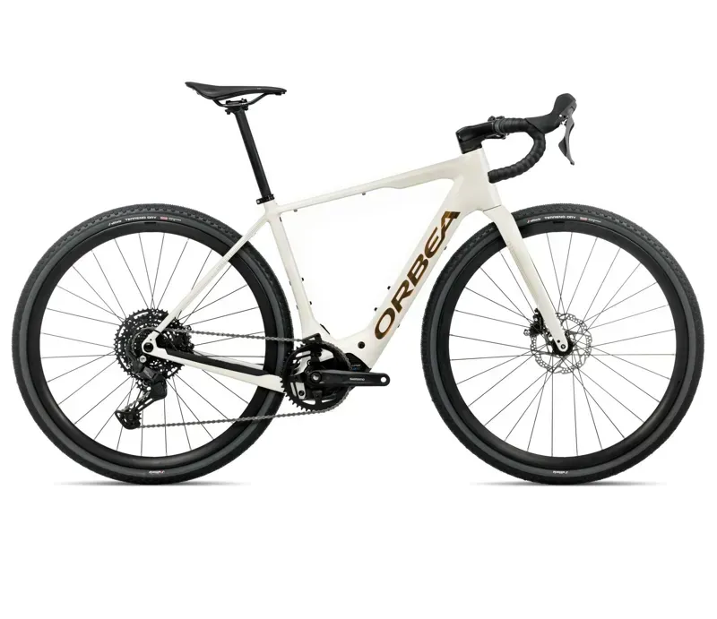 2026 Orbea Denna H50 E-Road Bike in Ivory White Gloss/Titan Gold Gloss