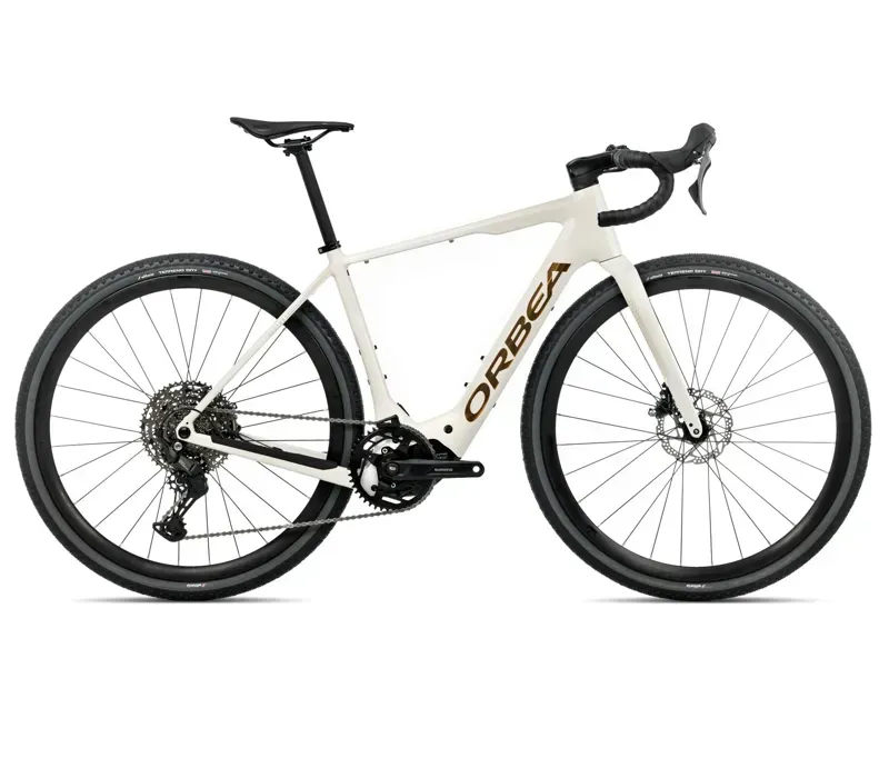 2026 Orbea Denna H40 E-Road Bike in Ivory White Gloss/Titan Gold Gloss