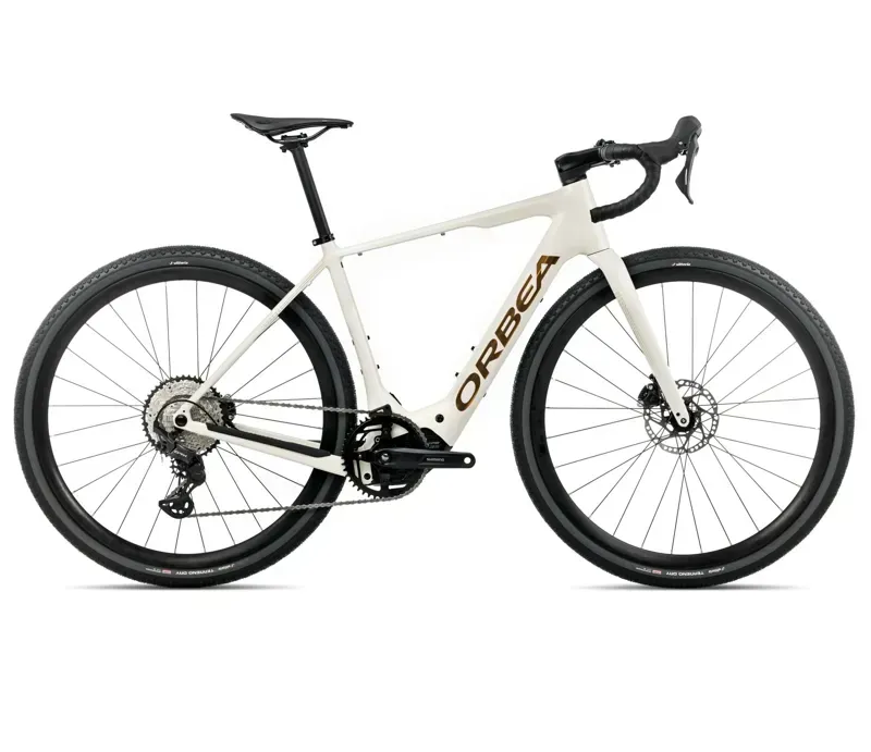 2026 Orbea Denna H30 E-Road Bike in Ivory White Gloss/Titan Gold Gloss