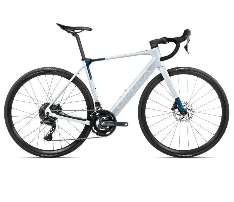2026 Orbea Gain M40 E-Road Bike in Halo Silver Matt/Blue Carbon View